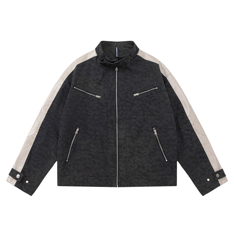 Men Jacket Coat Stitching Motorcycle Clothing Leather Coat Men's Spring and Autumn Retro Loose PU Leather Jacket