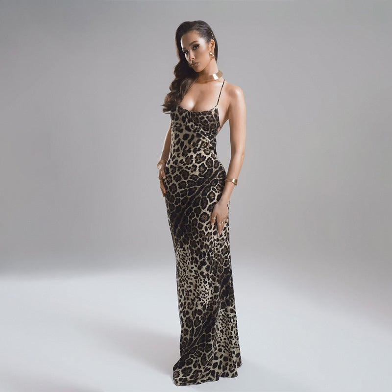 Women Dresses Summer Slim Strap Dress Sexy Leopard Print Backless Dress