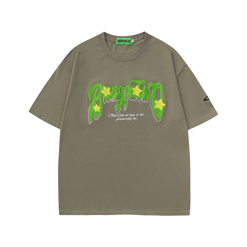 Men T Shirt Retro Alphabet Flocking Embroidered Short Sleeve T-shirt