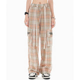 Men Sweatpants Plaid Casual Trousers Multi-Pocket Workwear Straight-Leg Pants