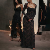 Women Dresses Autumn Sexy Long Sleeve Strap Lace Sling Dress (Bla0420)