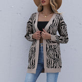 Women Knitted Sweater Autumn and Winter Leisure Sweater Leopard Print Long Sleeve Cardigan Jacket