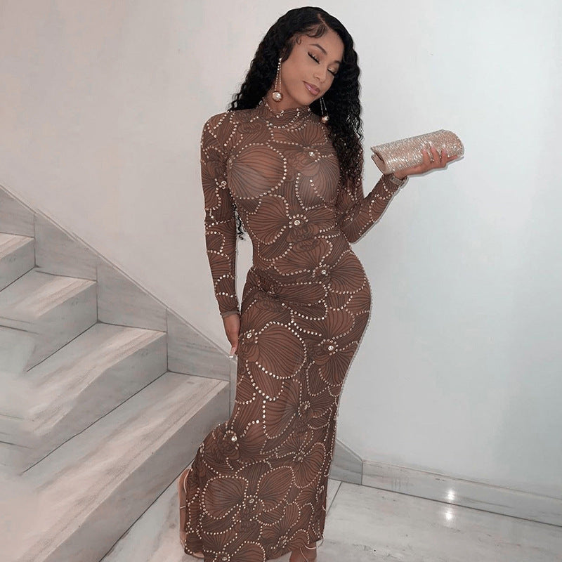 Women Dresses Winter Mesh Slim Fit round-Neck Long-Sleeved Dress