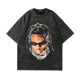 Men T Shirt Washed Vintage Portrait Printing Short Sleeve T-shirt