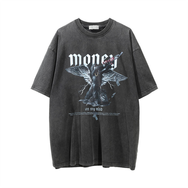 Men Vintage T-Shirt Printed Washed and Worn Short-Sleeved T-shirt Men's Ins Loose