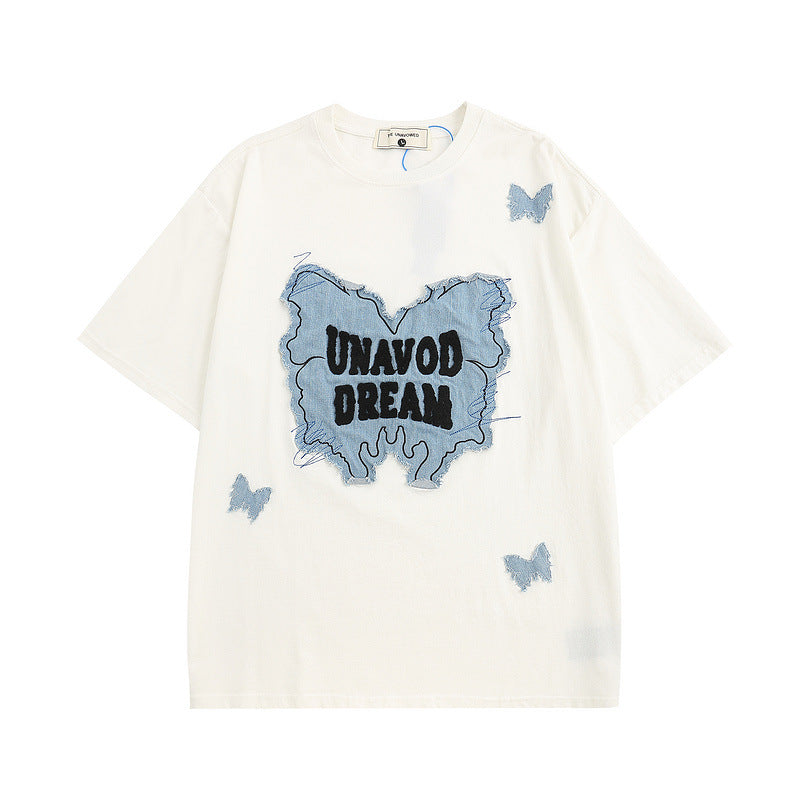 Men T Shirt Vintage Butterfly Denim Stitching Affixed Cloth Embroidered Casual Short Sleeve T-shirt