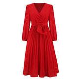 Women Date Dress Sexy V-neck Bubble Lantern Sleeve Pleated Skirt