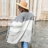 Women Knitted Sweater Fall Long Single-Breasted Color Matching Cardigan Sweater Coat