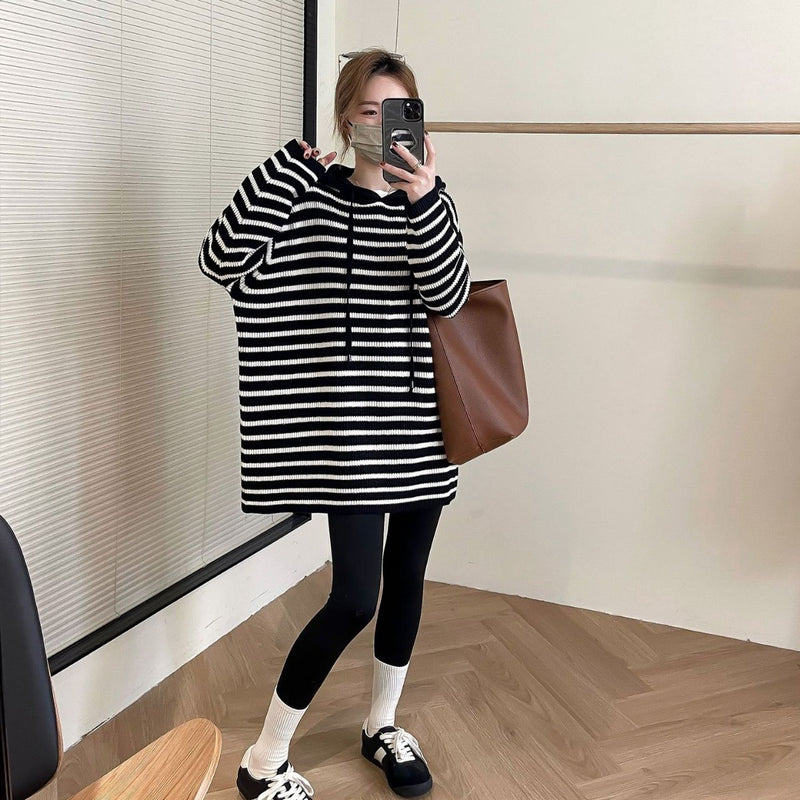 Women Knitted Pullover Fall Winter Hooded Striped Knitwear Loose Casual Top