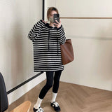 Women Knitted Pullover Fall Winter Hooded Striped Knitwear Loose Casual Top