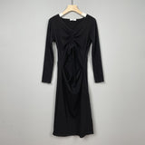 Women Dresses V-neck Pleated Drawstring Cropped Hip Skirt Long Sleeve Dress