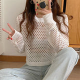Women Knitwear Summer Retro Sun Protection Hollow-out Sweater Loose Top