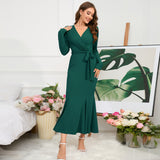 Women Date Dress Knitted Long Sleeve V-neck Lace-up Fishtail Skirt