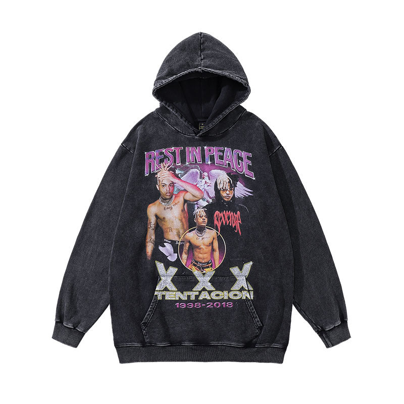 Men Hoodie Portrait Wash Hoodie Retro Hip Hop Distressed Hooded Sweater