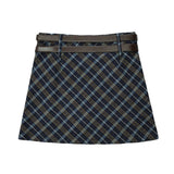 Women Skirt Plaid Double Belt A- line Skirt Skirt