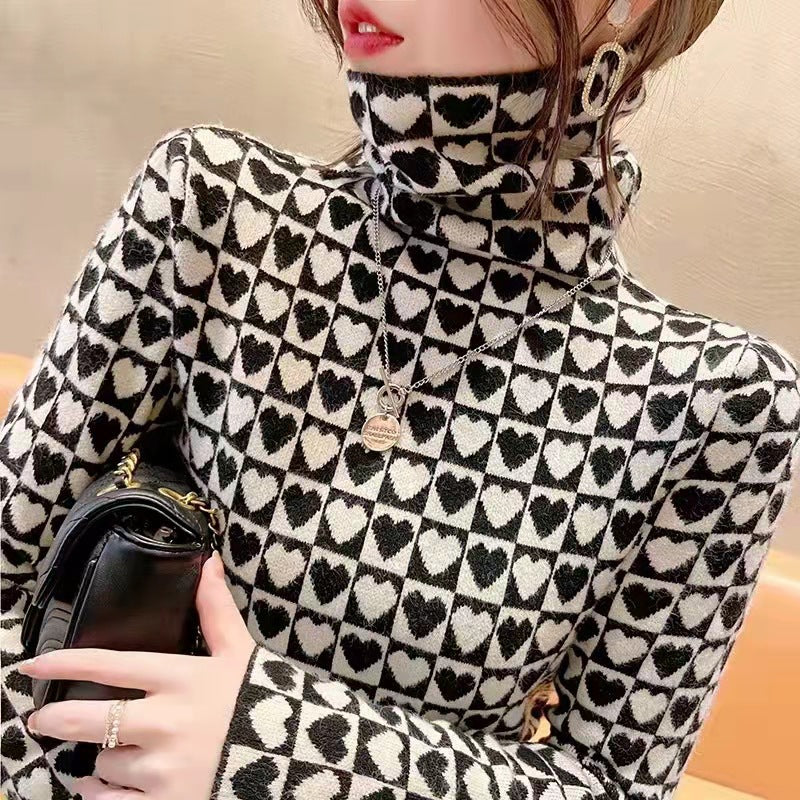 Women Knitted Pullover Autumn Winter Sweater Houndstooth Slim-Fit Turtleneck Top