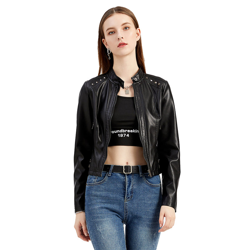 Red Leather Jacket Women's Rivet Leather Coat Spring and Autumn Jacket