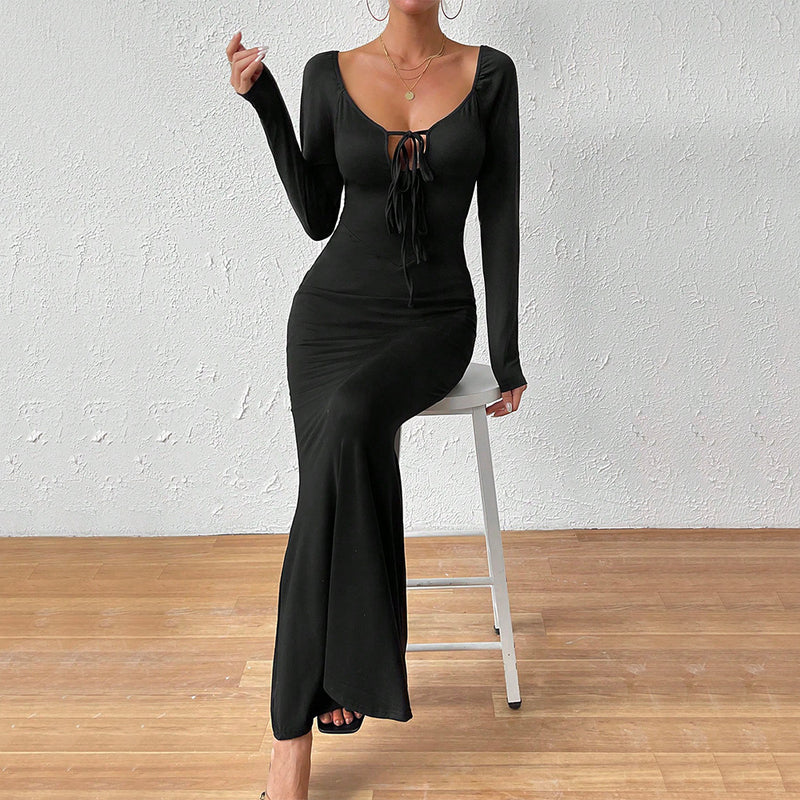Women Dress U-Neck Slim Fit Long Sleeve Narrow Dress