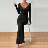 Women Dress U-Neck Slim Fit Long Sleeve Narrow Dress
