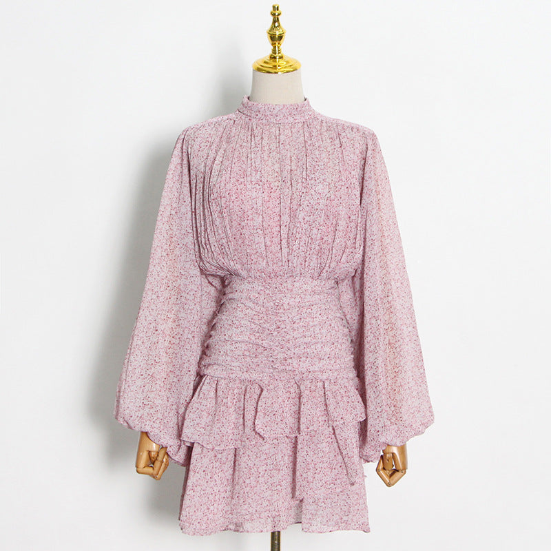 Women Dresses Chiffon Skirt Spring Stand Collar Pleated Loose Dress (Qymy0409)