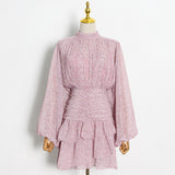 Women Dresses Chiffon Skirt Spring Stand Collar Pleated Loose Dress (Qymy0409)