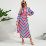 Women Date Dress Autumn and Winter Striped Printed Buttons Cinched Blouse Dress