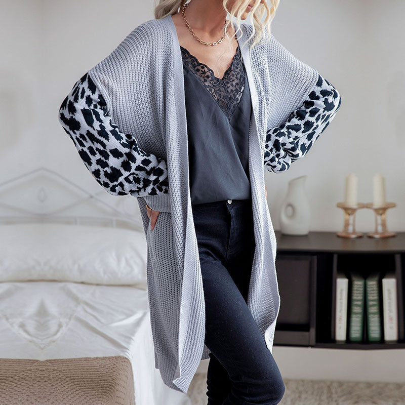Women Knitted Sweater Autumn and Winter Knitting Leopard Cardigan Sweater Coat