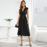 Women Date Dress Summer V-neck Pleated Sleeveless Waist Dress