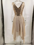 Women Evening Gown Sexy Retro Chiffon Stitching Green Sequins Dress