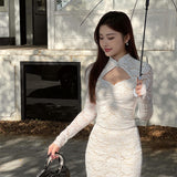 Women Dresses Hollow-out Stand Collar Long Sleeve Lace Dress