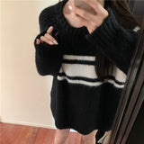 Women Knitted Pullover Striped Loose Sweater Autumn Winter Retro Knitwear Coat