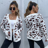 Women Knitted Sweater Coat Autumn Leopard Print V-neck