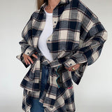 Women Trench Coat Winter Plaid Long Sleeve Shirt Loose Casual Jacket