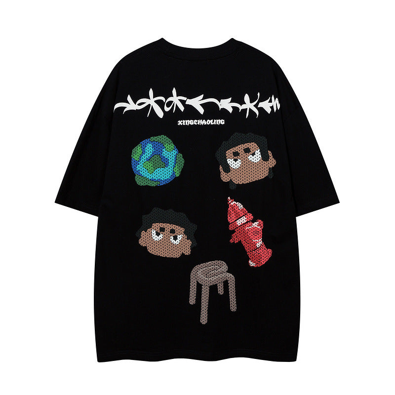 Men T Shirt Spring/Summer Hiphop Cartoon Puff Print Short Sleeve Men's and Women's Loose T-shirt