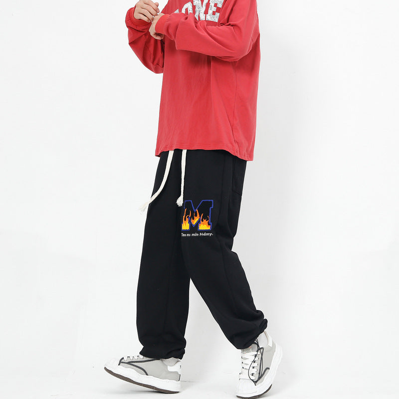 Men Jeans Flame Letter Flocking Embroidered Slacks