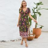 Women Date Dress Floral Dress Short Sleeve V-neck Bohemian A- line Skirt