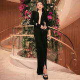 Women Dress Autumn and Winter Black Long Sleeve Ring V-neck Dress