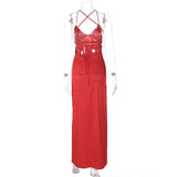 Women Dresses Spring Sexy V-neck Backless Self-Tie Slit Dress