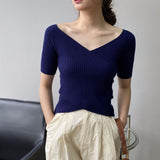 Women Knitted T-shirt V-neck Short-Sleeved Sweater Slim T-shirt