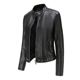 Red Leather Jacket Rivet Leather Clothing with Stand Collar
