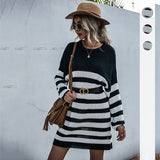 Women Knitted Sweater Autumn Long Sleeve Striped round Neck Knitted Dress Sweater Women's Long