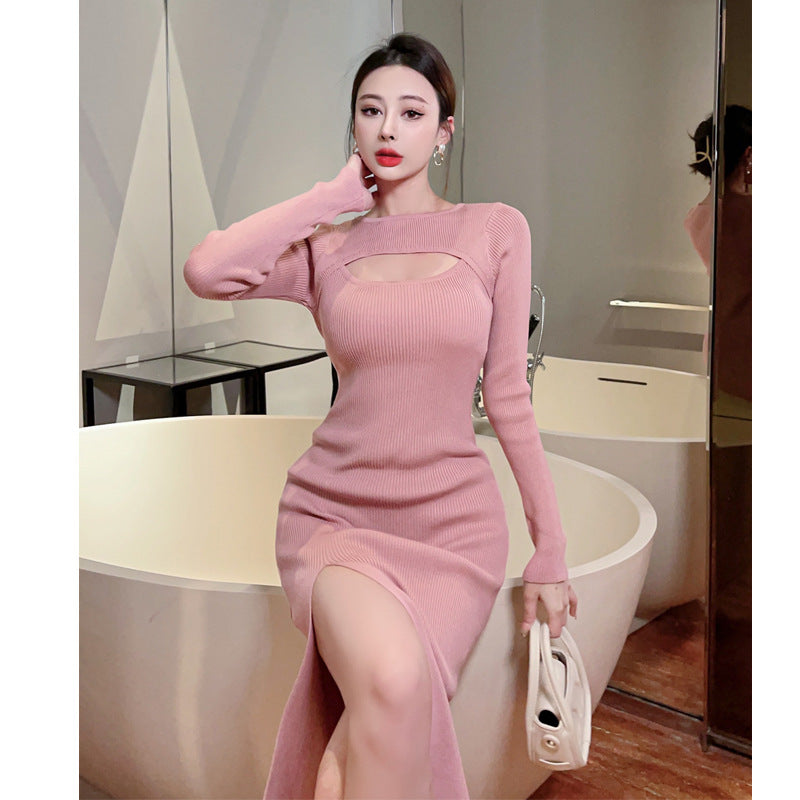 Women Maxi Dress Autumn and Winter Hollow Long Knitted Dress