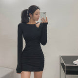 Women Dresses Hollow Dress off-Shoulder Pleated Sexy Hip Skirt