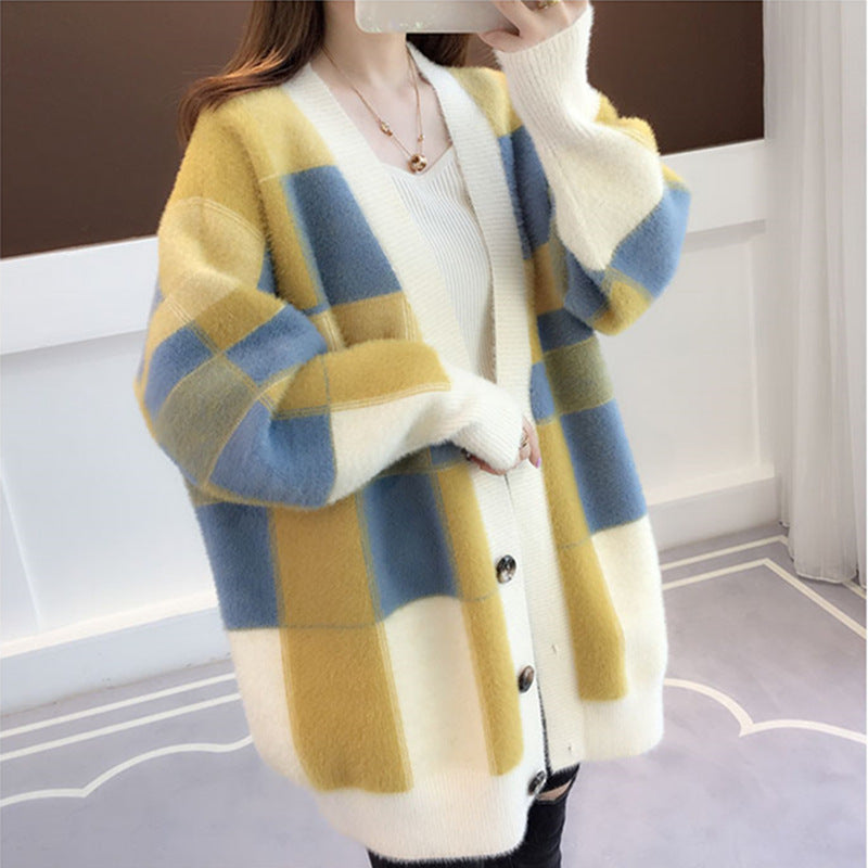 Women Knitted Cardigan Autumn and Winter Loose Plaid Color Stitching Knitted Cardigan