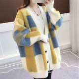 Women Knitted Cardigan Autumn and Winter Loose Plaid Color Stitching Knitted Cardigan