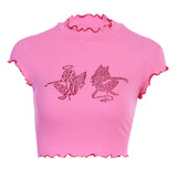 Women T-shirt Summer round Neck Midriff-Baring Rhinestone T-shirt