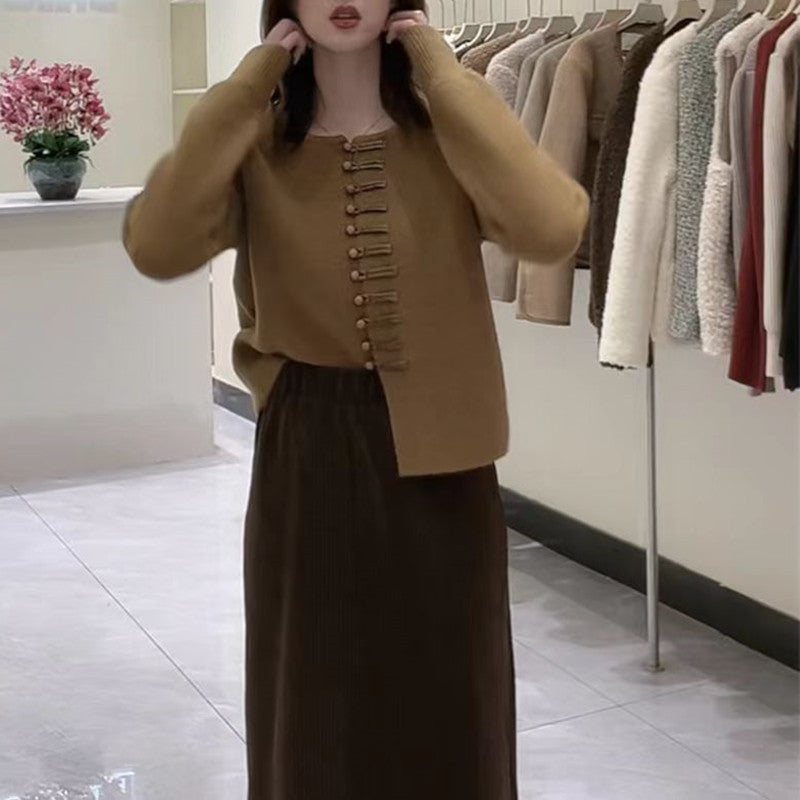 Women Knitwear Autumn Winter Retro round Neck Sweater Women's Knitted Cardigan