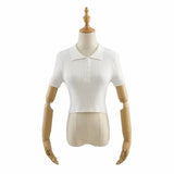 Women Sweater Knitwear Vintage Polo Lapel Single Breasted Thread Exposed Navel Knitted T-shirt