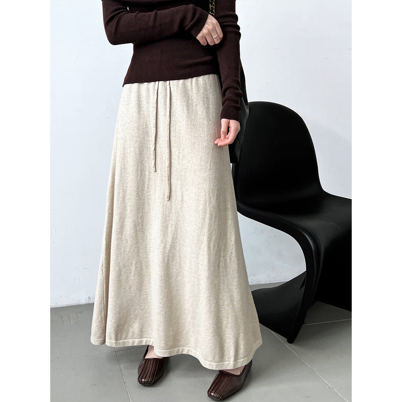 Women Skirt Drawstring Knitted A- line Skirt Wool Skirt
