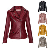 Red Leather Jacket Jacket Pu Lapel Two-Way Short Slim Fit Jacket Leather Coat Women